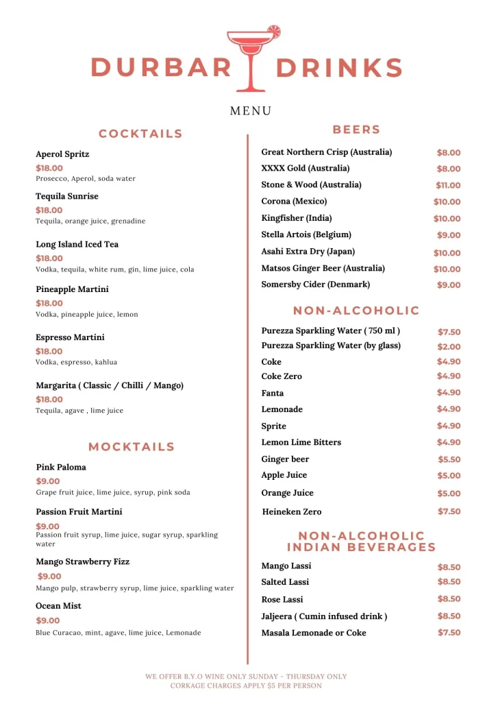 Drinks menu