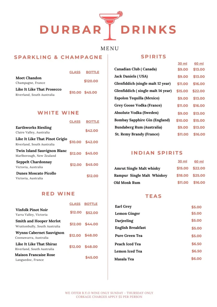 Drinks menu